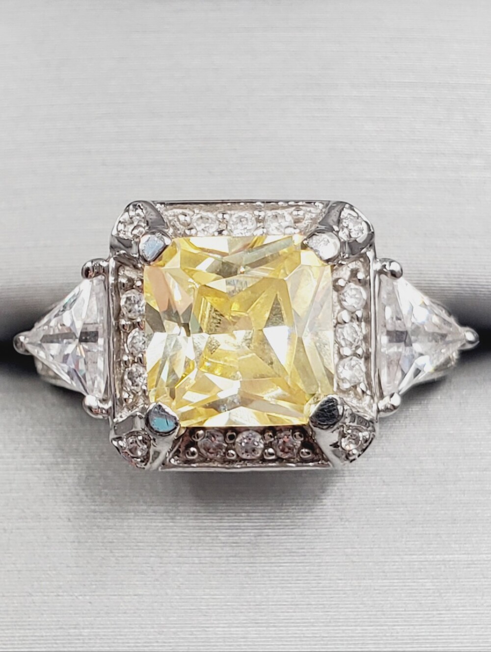 3 Carat Fancy Yellow Canary Halo Ring with Side Trillions - 925 Sterling Silver